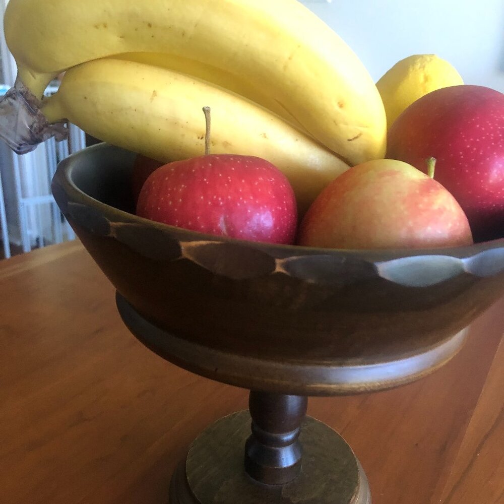 Vintage walnut pedestal bowl and candlesticks